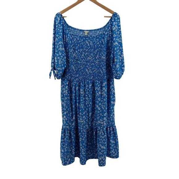 Cato Dresses & Skirts - Cato Women's‎ Blue Floral Midi Dress 3/4 Sleeve Square Neck Smocked Size 18/20W